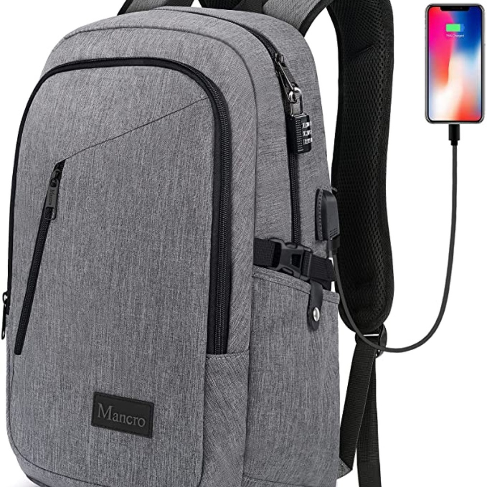 Mancro Gray Laptop Backpack with USB charging port access